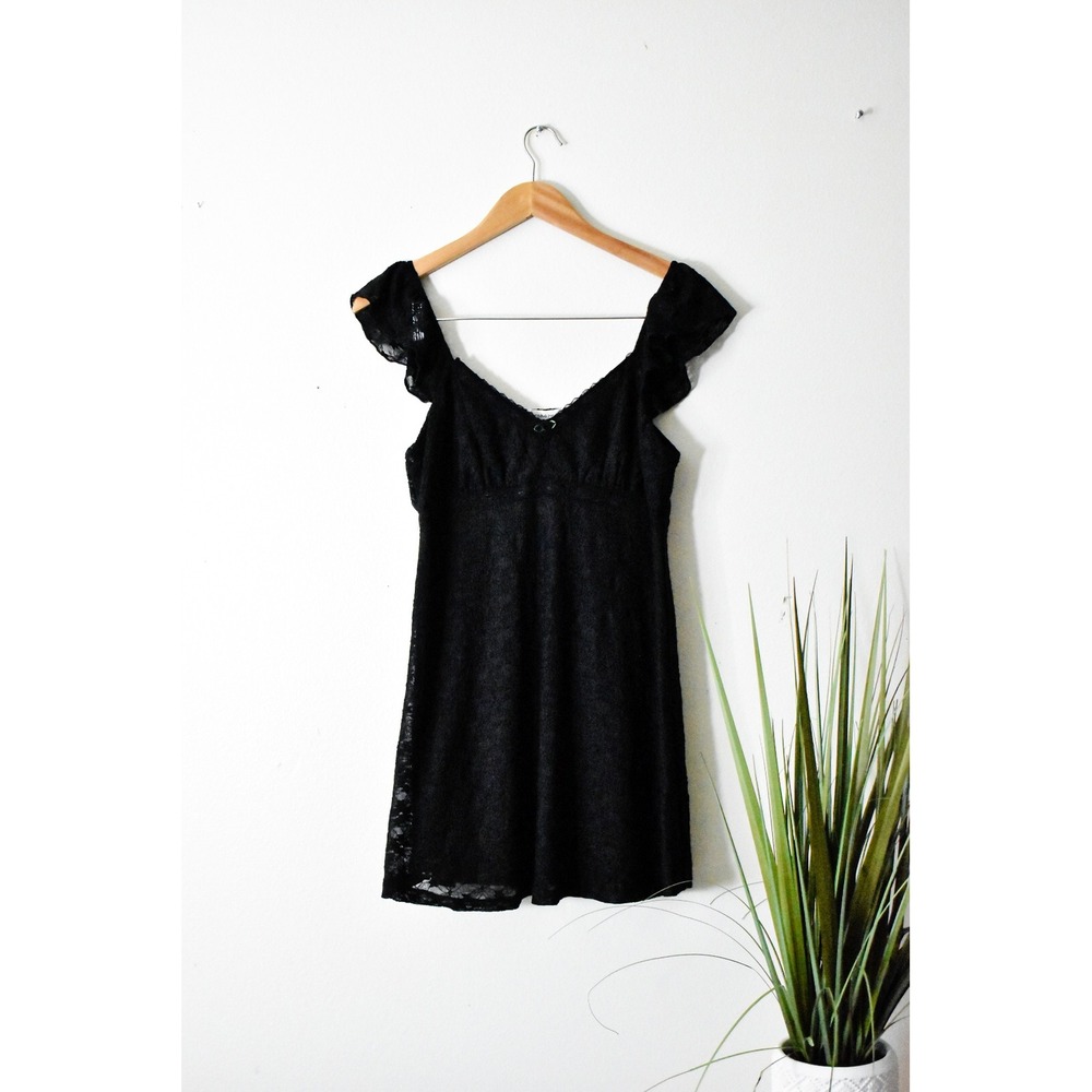Stitch & Pine Lace Mini Dress Womens M Black New Coquette Flutter Sleeve Smocked